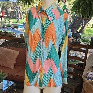 Vintage 50's Colorful Geometric Womans Blouse Shirt Nylon Union Made Size M